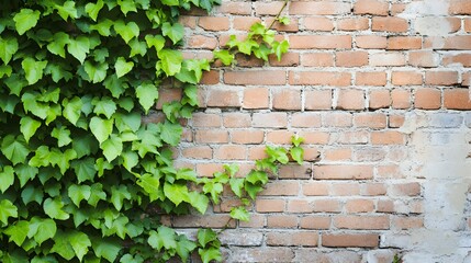 A lush green vine climbing a rustic brick wall, creating a harmonious blend of nature and architecture