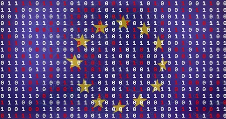 Sticker - Binary code and stars animation over blue background with red arrows