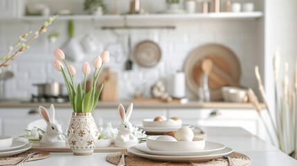 07231249 541. Minimalist Easter table setting featuring tulips, Easter bunnies, and eggs with golden patterns, set against a clean white Scandinavian-style kitchen background, ideal for a greeting