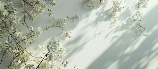 Wall Mural - Blooming trees with small white flowers against a white wall backdrop offering copy space for text and product placement