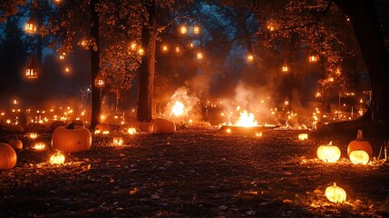 A spooky Halloween party held outdoors, with bonfires and lanterns lighting up the area.