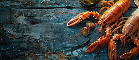 Wall Mural - Fresh langoustine seafood arranged on a rustic table creating a picturesque copy space image from a top view