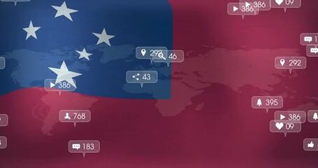 Poster - Social media notifications animation over world map and Samoa flag background
