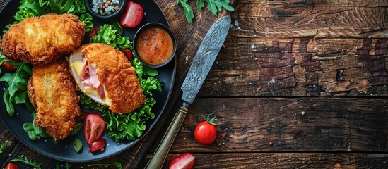 Sticker - Fresh natural meal of chicken cutlet cordon bleu with ham and cheese served as an appetizer on a rustic table with a background perfect for copy space image