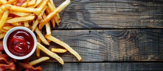 Wall Mural - Flat lay of tasty French fries and bacon on a wooden surface with ample copy space for text in the image