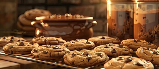 A rack displaying chocolate chip cookies next to a chocolate pot with a blank space for an image. with copyspace image