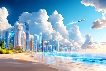 Wall Mural - Futuristic City Skyline by the Beach.