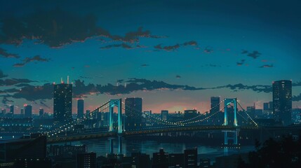 Canvas Print - Black to light blue gradient in the Tokyo night sky with the Rainbow Bridge in the foreground