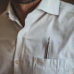 Wall Mural - A close-up shot of the shirt pocket, featuring an elegant pen with its silver body.