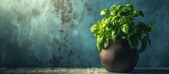 Basil plant in a pot on a textured backdrop with fresh organic leaves spices and vegan home gardening in the kitchen allowing for a copy space image