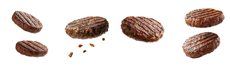 Aufkleber - Isolated, full depth of field, falling grilled hamburger meat on white background