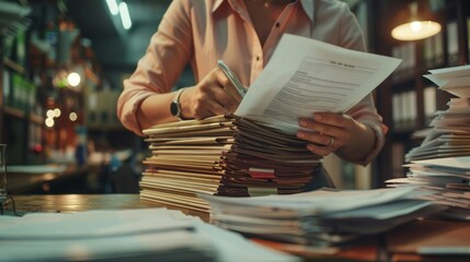 A woman is sitting at a desk with a pile of papers in front of her