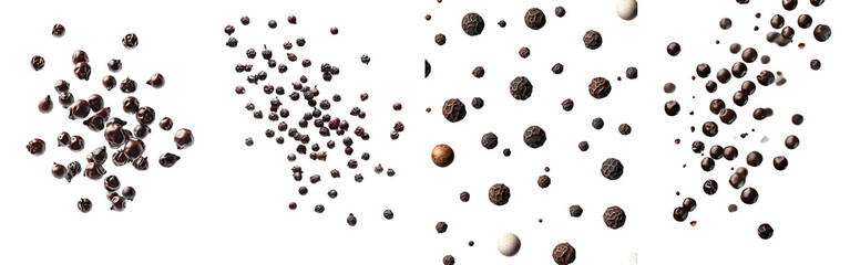 Poster - Full depth of field, black peppercorn falling, isolated on white background