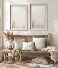 A rustic wooden bench with soft white cushions and a cozy blanket, adorned with two framed nature prints and a vase of dried pampas grass, creating a warm and inviting atmosphere.