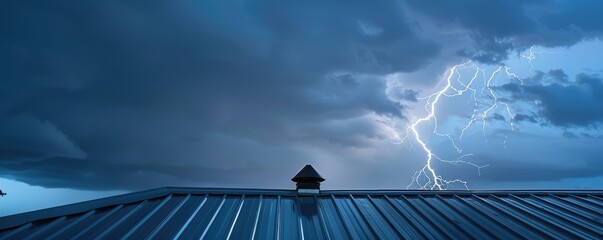dramatic lightning storm over metal roof