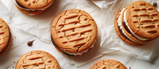 Flat lay of delicious sandwich cookies on parchment paper with copy space image