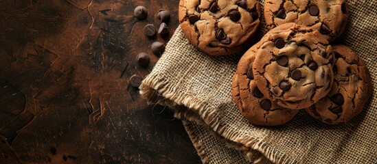 Wall Mural - Chocolate chip cookies displayed from a top angle on jute with copy space image