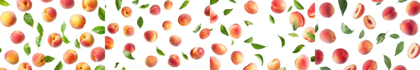 Poster - Focused on a single falling peach on a white background