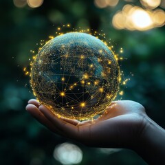 Sticker - A hand holds a glowing globe with connected lines, representing global connection and communication.