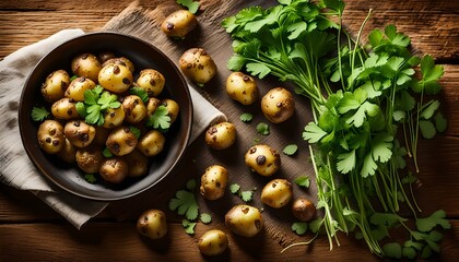 Wall Mural - Delicious Roasted Mustard Seed Potatoes with Cilantro, top view