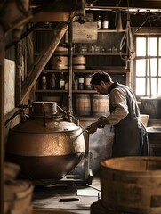 A small-scale, artisanal distillery with rustic charm, showing a distiller at work with traditional tools