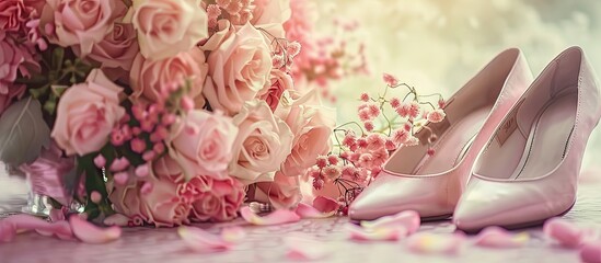 Pink wedding concept featuring a bouquet of roses and peonies amidst the bride s shoes captured with a soft focus allowing for copy space image