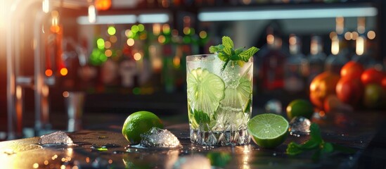 A summer themed cocktail featuring gin liqueur lime juice mint and ice on a black bar counter with bottles in the background creating a refreshing vibe with copy space image