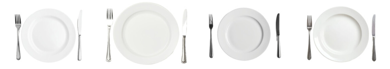 Aufkleber - Isolated empty plate, spoon, teaspoon, fork, knife, cutlery, top view, clipping path, white background
