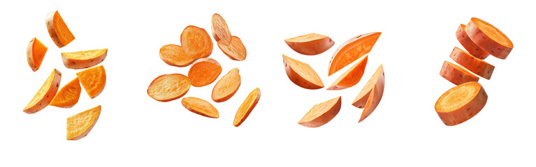 Aufkleber - Falling sweet potato, slice, isolated on white background, clipping path, depth of field full