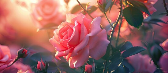 Wall Mural - A vibrant copy space image of pink roses in full bloom showcasing unfurling petals under sunlight