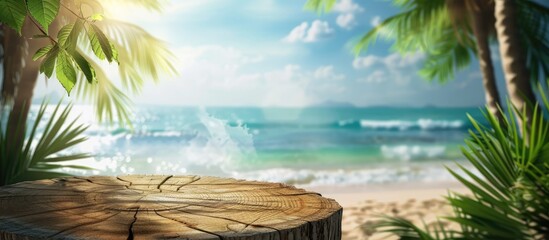 Tropical beach background with copy space image on an empty wooden tree stump table for products and objects