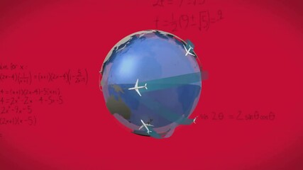 Poster - Airplanes flying around globe animation over mathematical equations on red background