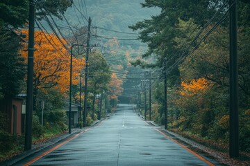 Sticker - Empty Road Through Forested Hillside in Autumn Rain