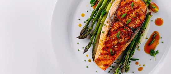 Wall Mural - A delicious and healthy meal showcasing grilled salmon steak served on a bed of asparagus ideal for showcasing with a copy space image