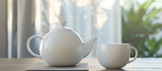 Ceramic teapot set with two white cups providing a chic and elegant option for serving beverages beautifully displayed in a copy space image