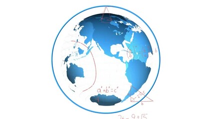 Canvas Print - Rotating globe with mathematical equations and graphs animation over white background