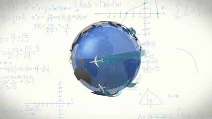 Poster - Rotating globe with airplanes and mathematical equations animation