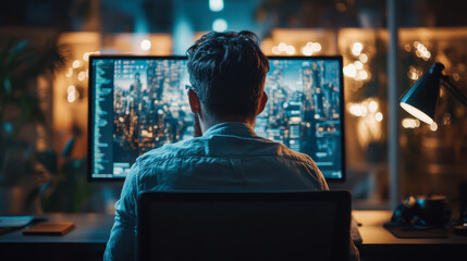 Poster - a person working at a desk in a modern office with multiple screens displaying cityscape and code at