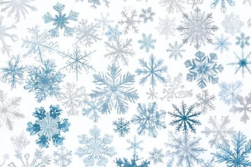Fototapete - Delicate snowflakes of varying shapes and sizes create an abstract pattern, evoking the serene essence of winter's chill. Generative AI