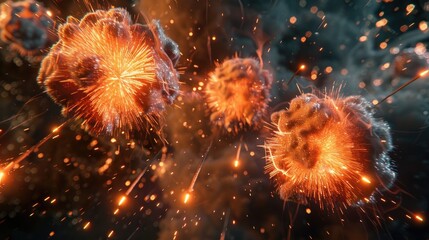 Poster - Three orange huge fireballs of amazing fireworks rocket explosions in the night