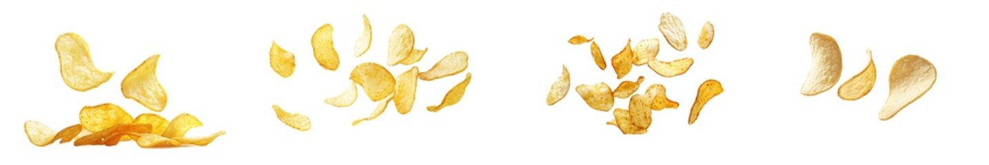 Poster - Selected focus on falling potato chips, isolated on white