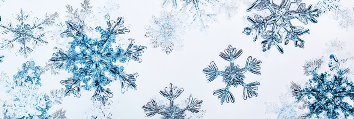 Poster - Delicate blue and white snowflakes intertwine with soft lines, embodying the beauty of winter’s frozen artistry and elegance. Generative AI