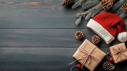 Wall Mural - Christmas scene featuring a Santa hat, pine cones, and a gift box on a wooden background for a New Year holiday greeting card.