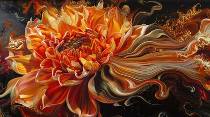 Aufkleber - Oil painting artistic image of kind of liquid flower with fluently shapes and touch of gold aztec dahlia marbling rich in color