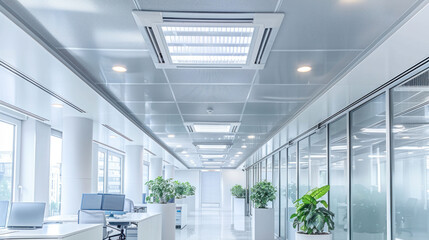 Modern office interior with bright lighting, glass partitions, and greenery