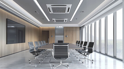 Poster - Modern conference room with sleek design and large windows, featuring long table and ergonomic chairs, ideal for meetings and presentations.