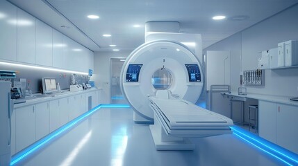 Aufkleber - modern mri scanner standing in empty laboratory room with futuristic blue lighting