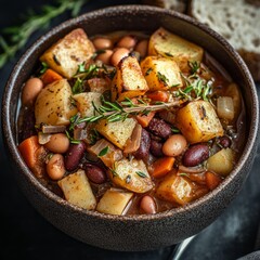 Canvas Print - A hearty bowl of bean and potato stew with fresh thyme sprigs, served in a rustic bowl.