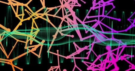 Poster - Colorful geometric shapes and lines animation over sound waves and equalizer