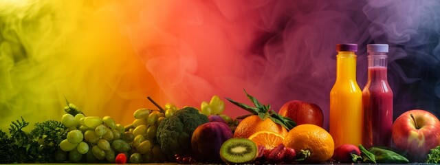 Colorful array of fresh fruits and juices with vibrant smoke background.